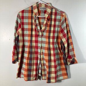 Womens Northstyle Gingham Button Shirt Ruffle Neck L Cotton Orange Red Blue
